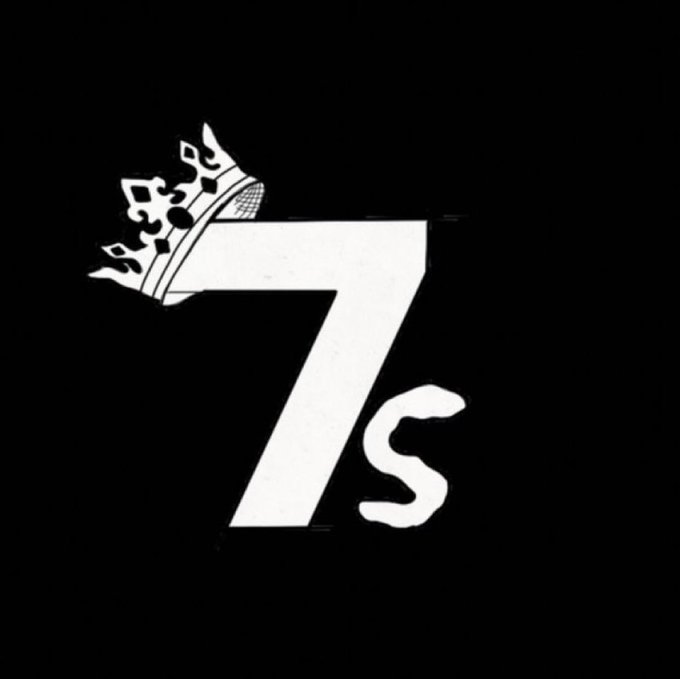 A minimalist graphic on a black background showing a large white '7' topped with a crown, paired with a smaller lowercase 's' to form '7s'.