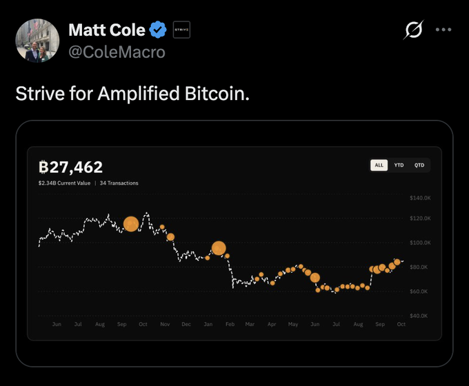 A tweet from Matt Cole (@ColeMacro) displaying the message "Strive for Amplified Bitcoin." alongside a chart of MicroStrategy (MSTR) showing a 24% current value at $27,462 across 34 transactions, tracking the stock's price movement from June through October in the $40K-$140K range. The post ties together Matt Cole's role as Strive CEO with the company's apparent strategy of building a corporate Bitcoin treasury similar to MicroStrategy's well-known accumulation approach.