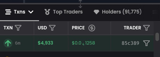 A dark-themed crypto transaction interface showing a recent transaction of $4,933 at a price of $0.0₄1258 by trader '85c389' under tabs for 'Txns,' 'Top Traders,' and 'Holders (91,775).'
