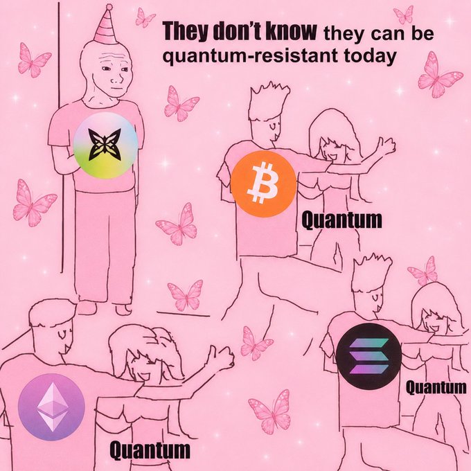 The image features a cartoon depiction of people holding up different types of cryptocurrency symbols such as Bitcoin, Quantum, and Ethereum. The caption below the image reads "gQuip Most people still think quantum computing is years away from real world use. Meanwhile, @quipnetwork is already making quantum power accessible to anyone turning randomness, security, and computation into something you can actually use today."