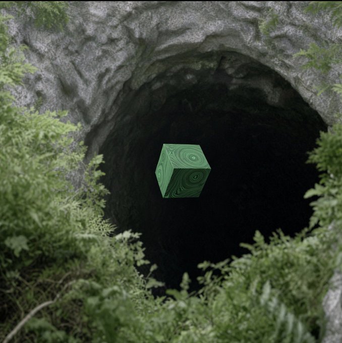 A small green wooden-textured cube floats mysteriously at the entrance of a dark cave surrounded by lush green foliage.
