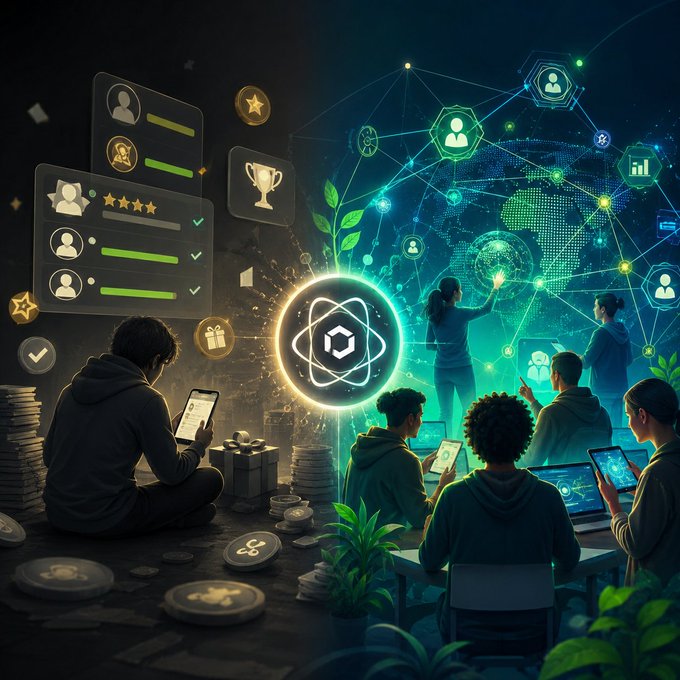A conceptual illustration showing people interacting with digital devices, a glowing atom-like symbol, user profile cards, trophies, and a networked globe representing a decentralized or Web3 platform.