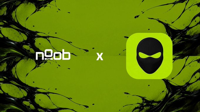 A promotional graphic features a green and black swirling background with the text 'NOOB' on the left, an 'x' in the middle, and a black ninja mask icon on the right, indicating a collaboration.