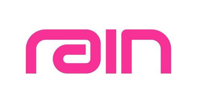 A pink logo on a white background spelling out 'rain'.