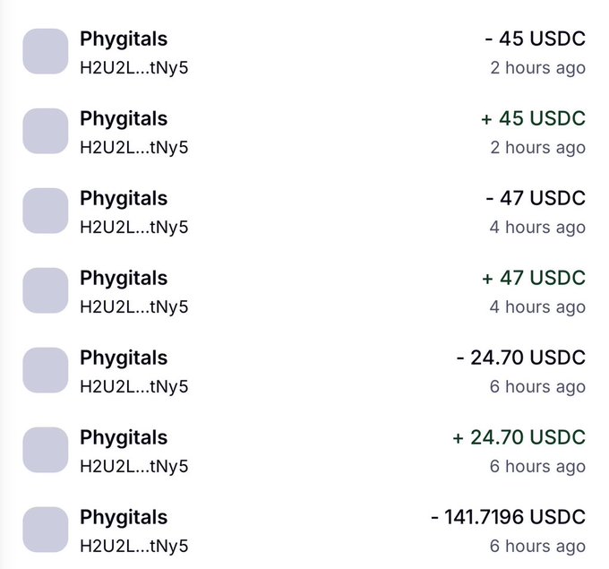 A transaction history from Phygitals (wallet H2U2L...tNy5) shows a series of USDC deposits and withdrawals ranging from approximately $24 to $141, totaling nearly $300, illustrating the user's success in farming profits from free box hunts. The transactions, occurring over 6 hours, support the poster's claim of withdrawing all earned funds to an exchange without leaving money deposited on the platform.