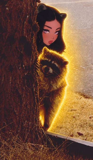 An edited/AI-generated image showing a raccoon peeking out from behind a tree trunk, with a stylized animated woman's face with cat ears superimposed above it.