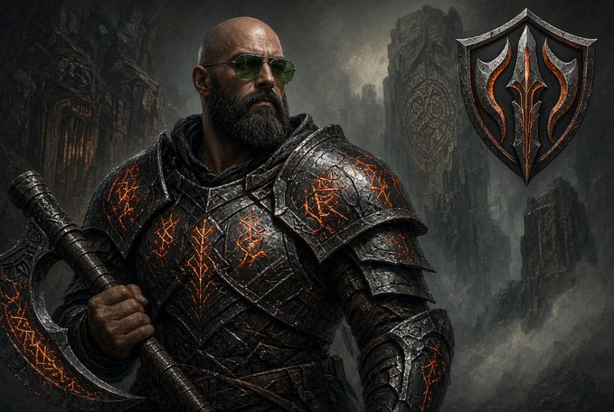 A fantasy-style digital artwork depicting a bearded warrior in dark, rune-inscribed armor holding an axe, with a decorative shield emblem displayed on the right side of the image.