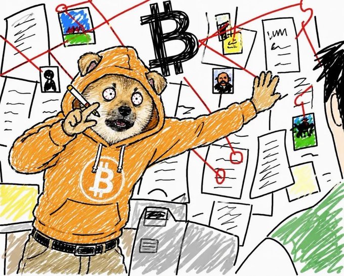 A cartoon bear mascot wearing an orange Bitcoin hoodie holds a marker and gestures toward a wall covered in documents, photos, and images connected by red string, illustrating how blockchain inscriptions like Ordinals and Runes have unlocked new ways for everyday creators to build interconnected cultural artifacts on Bitcoin. A large "B" symbol floats above the bear, emphasizing the Bitcoin-centric ecosystem being mapped out.