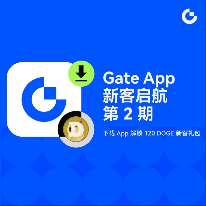 A blue promotional graphic for Gate.io's "Gate App 新客启航 第 2 期" (Gate App Newbie Launch Phase 2) campaign, featuring the platform's logo, a download icon, and a Dogecoin coin, advertising the 120 $DOGE new user gift package for downloading and signing up on the Gate App.
