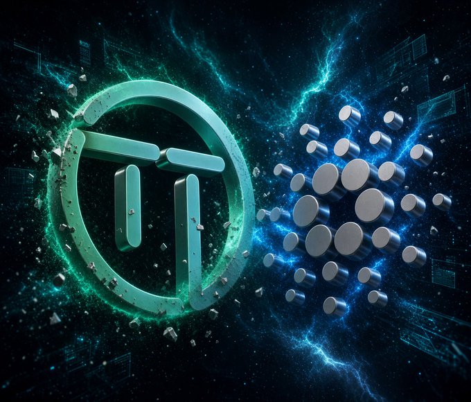 A digital artwork displays a glowing teal cryptocurrency logo alongside a cluster of metallic coins, set against a cosmic space background with floating debris.