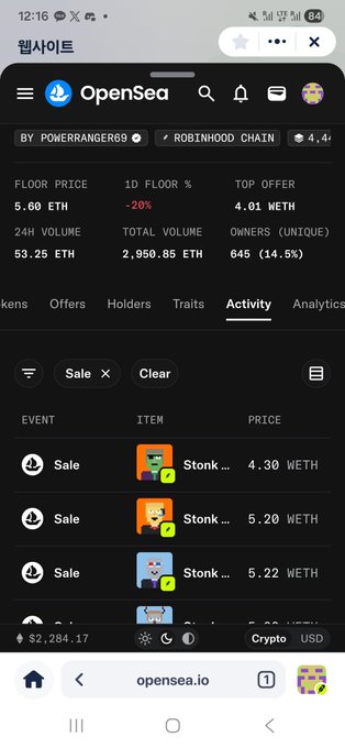A mobile screenshot of the OpenSea NFT marketplace website showing a collection named 'POWERRANGER69' on 'ROBINHOOD CHAIN' with statistics including a floor price of 5.60 ETH, 24H volume of 53.25 ETH, and an activity feed listing NFT sales.