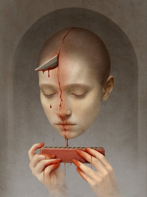 The image features a person holding a guitar, with their face partially obscured by blood coming from the instrument. The scene appears to be set against a gray background, which further emphasizes the dramatic nature of the artwork. The caption provided after the image reads "Happy #TEZOSTUESDAY Some Editions are still available A Song of death LE ...". This suggests that the artist may have created this piece as part of an art project or exhibition related to themes of music and mortality.

The use of blood on the guitar adds a sense of tension, danger, and perhaps even sadness to the scene. The image evokes feelings of unease and curiosity about what led to the person's death while they were playing their guitar. This artistic choice could be interpreted as a commentary on the fragility of life or the fleeting nature of human existence.