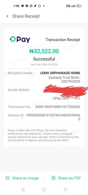 A screenshot of an OPay transaction receipt showing a successful transfer of ₦32,522.00 to "LEMU ORPHANAGE HOME" at Guaranty Trust Bank, supporting the post's message about a positive impact within the crypto/web3 community.