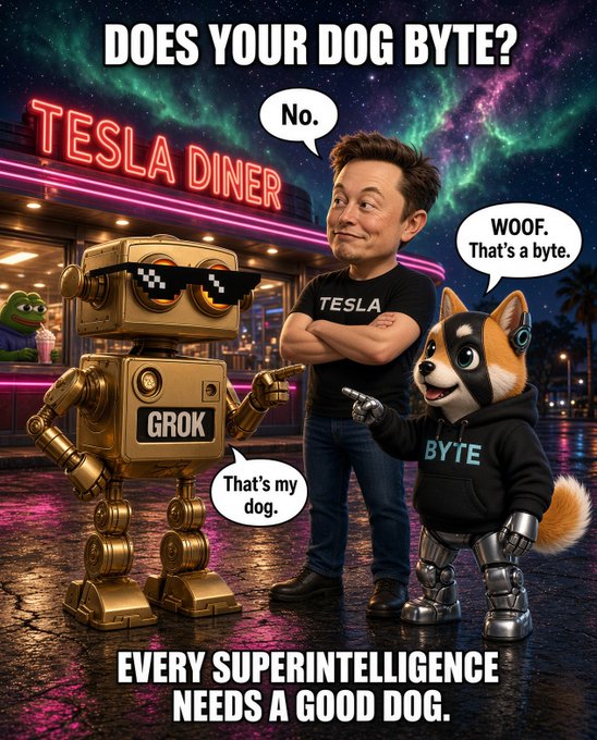 A humorous AI-generated meme featuring Elon Musk alongside a gold "GROK" robot and a robotic Shiba Inu dog named "BYTE," with speech bubbles and text reading "DOES YOUR DOG BYTE?" and "EVERY SUPERINTELLIGENCE NEEDS A GOOD DOG."