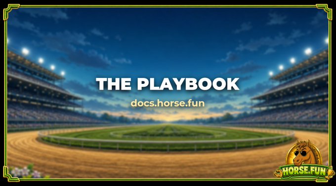 Title card reading 'THE PLAYBOOK' with 'docs.horse.fun' below, set against a stadium backdrop with the Horse.Fun logo in the corner.