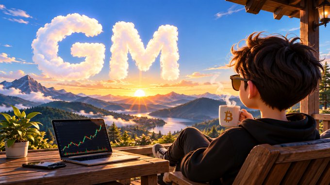 An AI-generated illustration of a young man sitting on a wooden deck overlooking a mountain lake at sunset, with clouds spelling 'GM' (good morning), holding a Bitcoin mug while his laptop displays a stock chart.