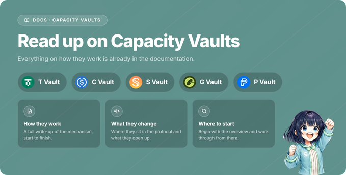 A teal documentation page titled “Read up on Capacity Vaults,” with links for “T Vault,” “C Vault,” “S Vault,” “G Vault,” and “P Vault,” plus sections “How they work,” “What they change,” and “Where to start.”