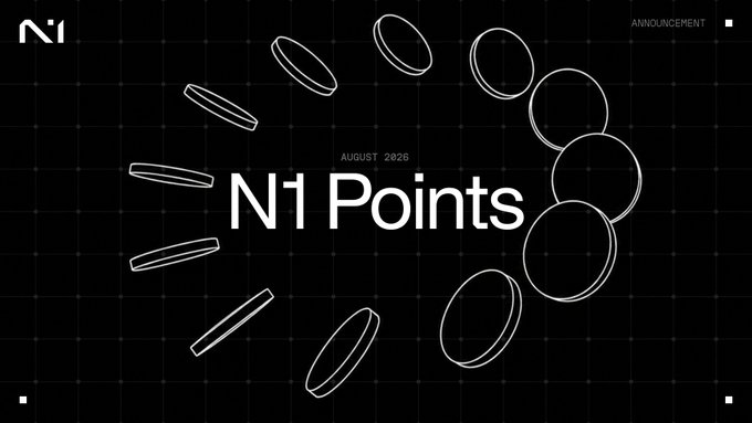 A black announcement graphic featuring a circular arrangement of white coin/ring illustrations with the text "N1 Points" and "AUGUST 2026" in the center, along with the "N1" logo in the top-left corner. The design visually promotes the launch of N1 Points, a new rewards program distributing 75 million points weekly to active users.