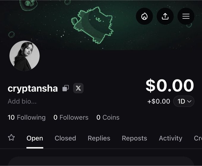 A social media profile for 'cryptansha' shows 0 followers, 10 following, 0 coins, and a balance of $0.00 against a dark starry background.