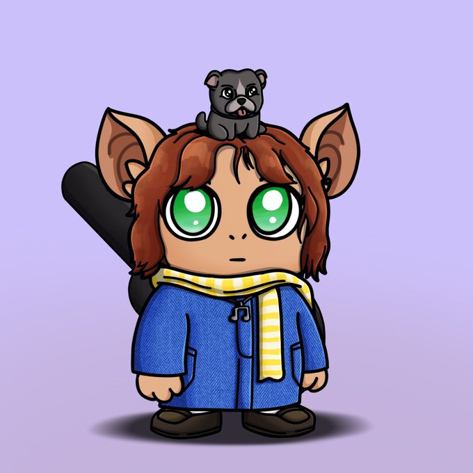 Chibi-style illustration of a brown-haired character with large green eyes, animal ears, a blue coat and yellow-striped scarf, with a small gray puppy sitting on their head.