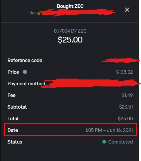 A cryptocurrency purchase confirmation screen showing "Bought ZEC" for $25.00, with the date highlighted as "1:05 PM – Jun 16, 2021" and status marked as "Completed".