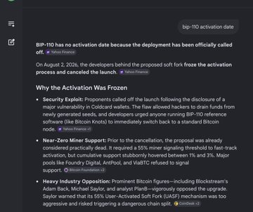 A dark-themed webpage explaining that BIP-110 activation was frozen on August 2, 2026, citing reasons like Security Exploit, Near-Zero Miner Support, and Heavy Industry Opposition from Blockstream's Adam Back and others.