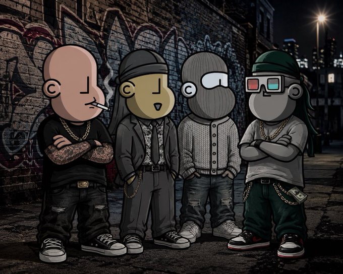A dark urban illustration of four cartoon monkey NFT characters standing in a row against a graffiti-covered brick wall at night, wearing streetwear including chains, a ski mask, a beanie with 3D glasses, and baseball caps.