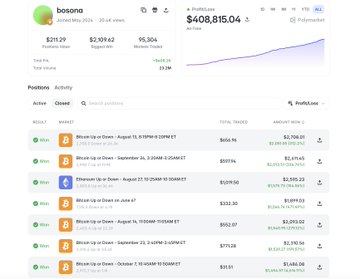 A screenshot of a portfolio dashboard showing a balance of $408,815.04 with profit figures and a positions list including Bitcoin (BTC) and Ethereum (ETH).