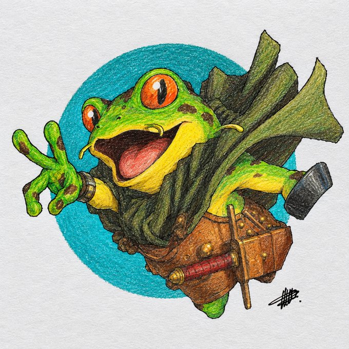 A colored pencil drawing of a green tree frog wearing a tattered leafy cloak and carrying a steampunk-style leather utility belt with gadgets.