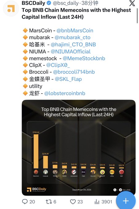 A tweet from BSCDaily listing the 'Top BNB Chain Memecoins with the Highest Capital Inflow (Last 24H)' including MarsCoin, mubarak, NIUMA, and memecstock, with a corresponding bar chart graphic.