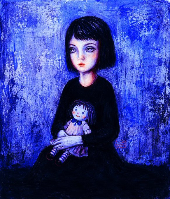 A painting of a pale girl with large blue eyes and a black bob haircut, wearing a black dress and holding a doll, set against a textured blue background.