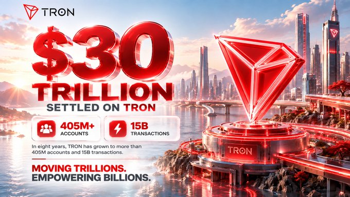 TRON promotional banner declaring '$30 TRILLION SETTLED ON TRON' with '405M+ ACCOUNTS' and '15B TRANSACTIONS', tagged 'MOVING TRILLIONS. EMPOWERING BILLIONS.'