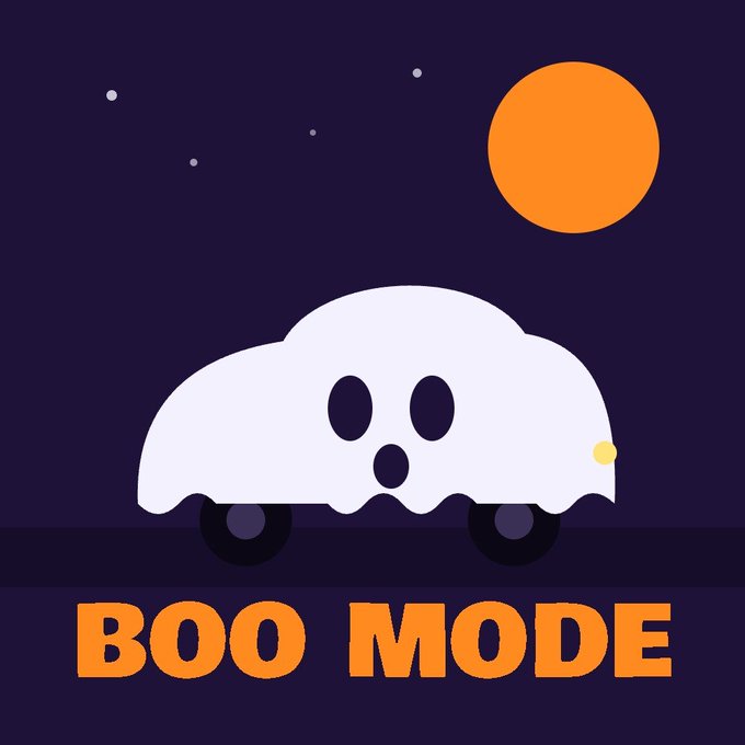 A graphic illustration of a white ghost driving a car against a dark purple night sky with an orange moon, accompanied by the bold orange text "BOO MODE."