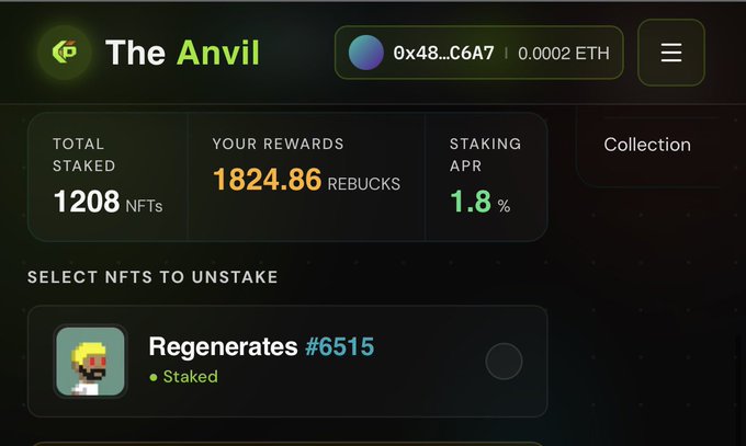 A screenshot of a crypto/NFT staking platform called 'The Anvil' showing 1208 NFTs staked, 1824.86 REBUCKS in rewards, and a 1.8% staking APR, with a wallet balance of 0.0002 ETH and a staked NFT labeled 'Regenerates #6515'.