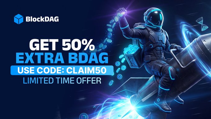 A BlockDAG promotional graphic featuring an astronaut riding a rocket alongside scattered BDAG coins, advertising a limited-time "GET 50% EXTRA BDAG" offer with the promo code "CLAIM50" displayed prominently in bold blue and white text.