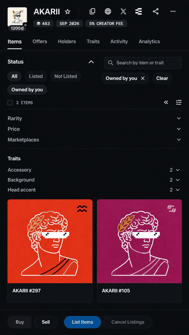 A screenshot of the AKARII NFT collection page showing 2 items (#297 and #105) with traits listed, displaying the user's profile with 483 followers and a 5% creator fee.