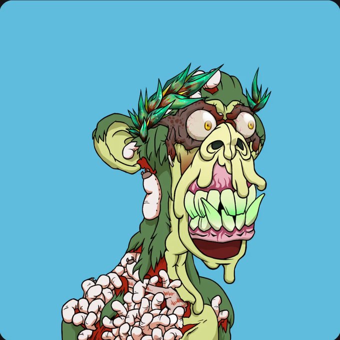 A grotesque cartoon illustration of a green, decaying zombie-like creature with bulging eyes, sharp teeth, and exposed bones/worms on its neck and chest against a bright blue background.
