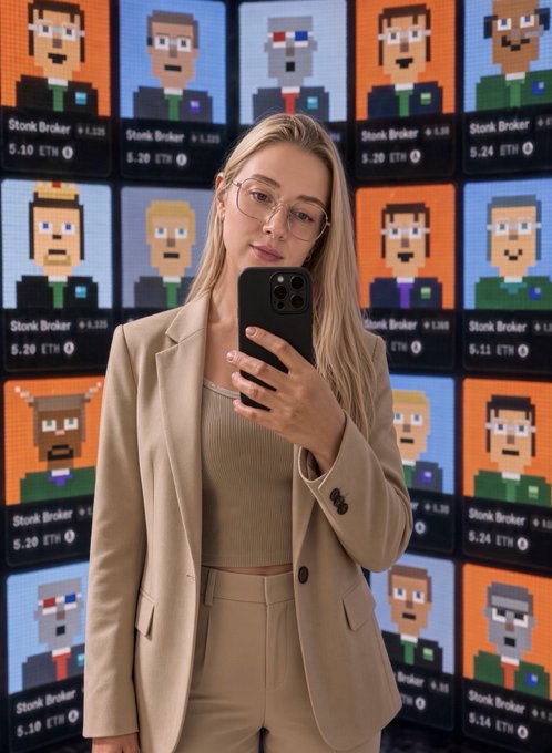 A woman in a beige blazer takes a mirror selfie in front of a vibrant display of pixelated "Stonk Broker" NFT portraits, each tagged with ETH price values (e.g., "5.10 ETH," "5.20 ETH"), visually tying into her internship post about the Clutch Markets onchain brokerage where pixel traders become tokenized NFT broker accounts on Robinhood Chain.