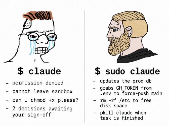 A Wojak-style meme comparing "$ claude" (crying, seeking permission) with "$ sudo claude" (bearded, performing dangerous actions like updating prod DB).