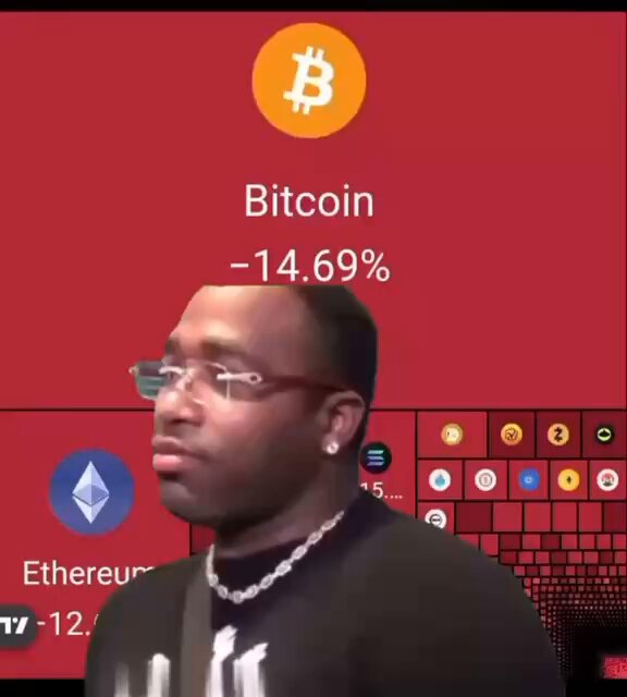 The image features a man wearing glasses, with his face partially obscured by a red background that displays the word "BITTECOIN" above him. The man appears to be looking at something or someone off-camera, possibly engaged in an activity related to Bitcoin.