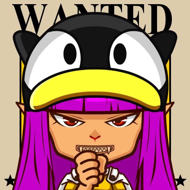 A cartoon illustration of an angry character with purple hair wearing a penguin hat, biting a zipper, with the word 'WANTED' displayed above.