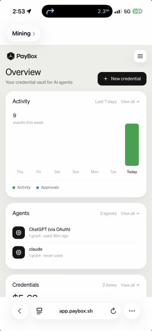 A mobile screenshot of the PayBox app's Overview page showing 9 activity events this week, connected agents (ChatGPT and Claude), and a credentials vault.