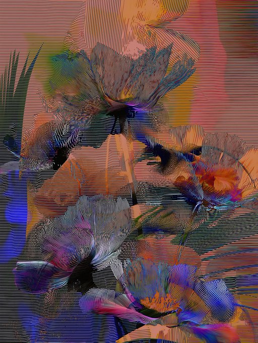 A colorful abstract digital artwork featuring poppy-like flowers with glitch effects, horizontal line patterns, and iridescent textures in pink, orange, blue, and purple hues.