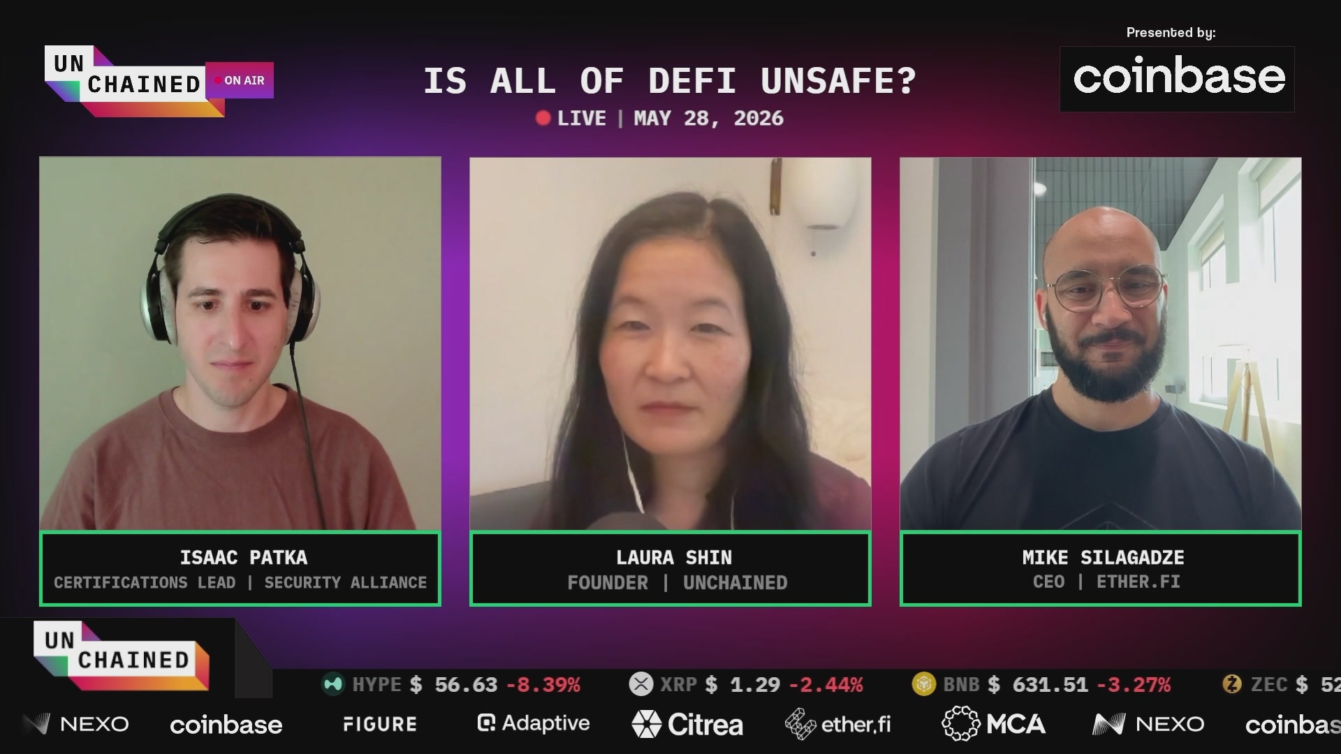 The image shows three people sitting behind a computer screen with their faces displayed on a video call. The background features a purple wall, which contrasts with the white text that reads "Is all of DeFi unsafe?" The participants appear to be engaged in an online discussion or interview about the topic of DeFi and its safety compared to traditional financial institutions like banks.