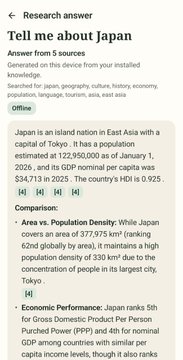 A Perplexity AI research answer titled 'Tell me about Japan' covering area, population density, and economic performance, including statistics like a population of 122,950,000 and Tokyo's density of 6,162 people per km².