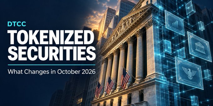 A promotional banner for DTCC featuring "TOKENIZED SECURITIES" in large white text with the subtitle "What Changes in October 2026," overlaid on a grand neoclassical building (resembling a stock exchange) adorned with American flags and digital blockchain graphics, visually reinforcing the post's message about Wall Street integrating blockchain technology into traditional financial infrastructure.