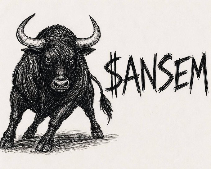 A black ink sketch of a fierce, horned bull stands beside the text "ANSEM" with a dollar sign replacing the "A." The powerful, charging bull symbolizes the bullish sentiment in the caption "less talking, more holding, see you higher $ANSEM," reflecting confidence in the cryptocurrency's upward momentum.