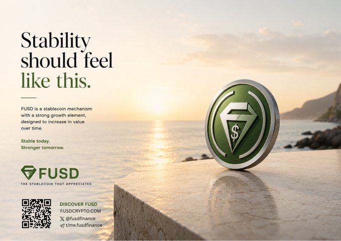 A serene sunset scene features a green and silver FUSD stablecoin coin resting on a stone ledge by the sea, with the headline "Stability should feel like this" and tagline "The stablecoin that appreciates." The ad promotes FUSD as a growth-oriented stablecoin across multiple chains including BNB Chain, Ethereum, Polygon, and Roburna, reinforcing the post's message that stablecoins can offer more than just price stability.