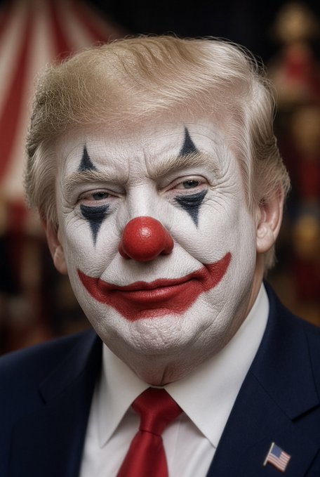 A portrait of Donald Trump with clown makeup applied to his face, wearing a dark suit with a red tie.