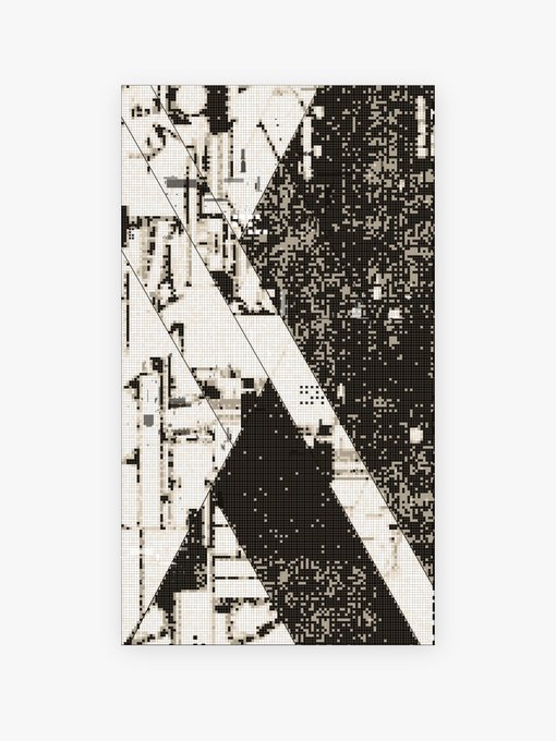 A rectangular abstract artwork composed of black, white, and beige pixelated patterns arranged in diagonal geometric sections.